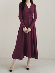 Women's Deep V-Neck Belted Midi Dress