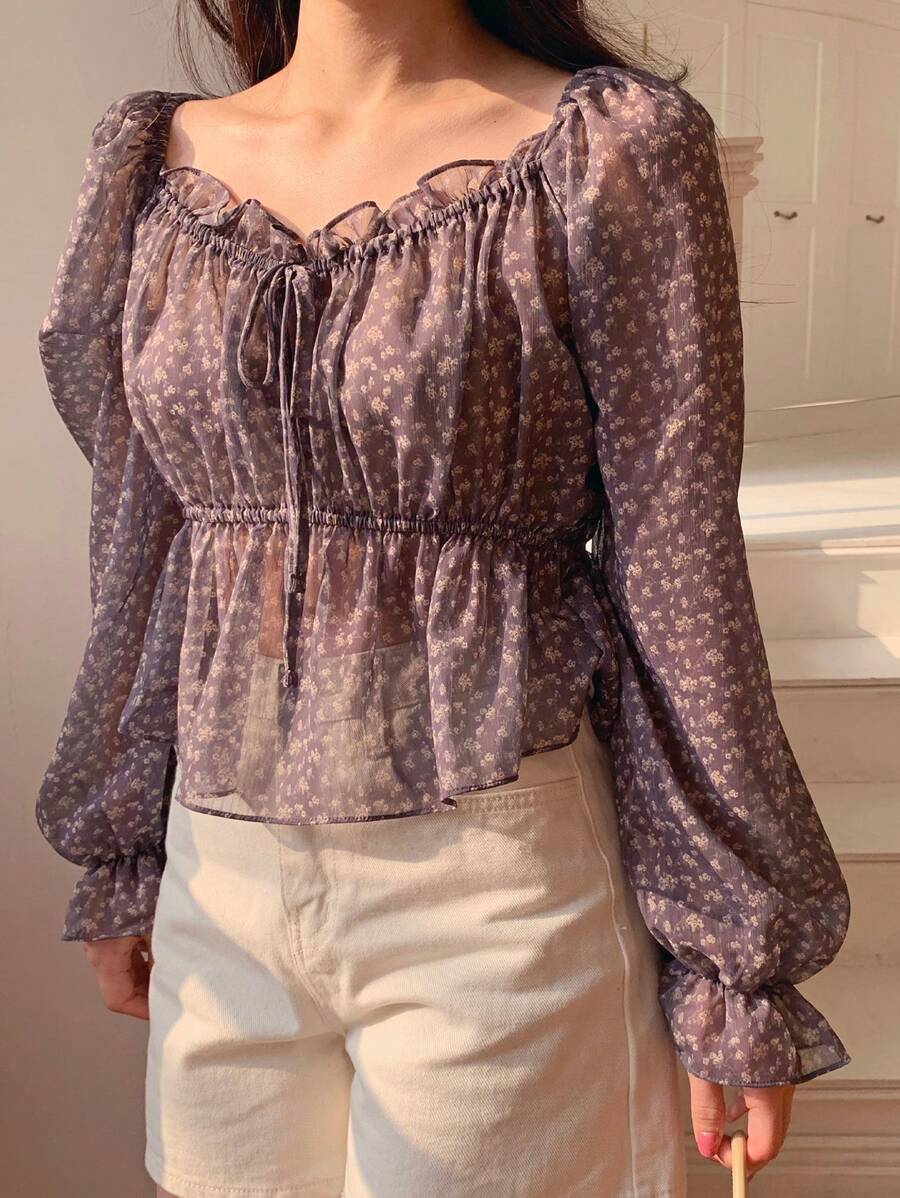 Shein DAZY Women's Ditsy Floral Ruffle Hem Fashionable Short Long Sleeve Blouse