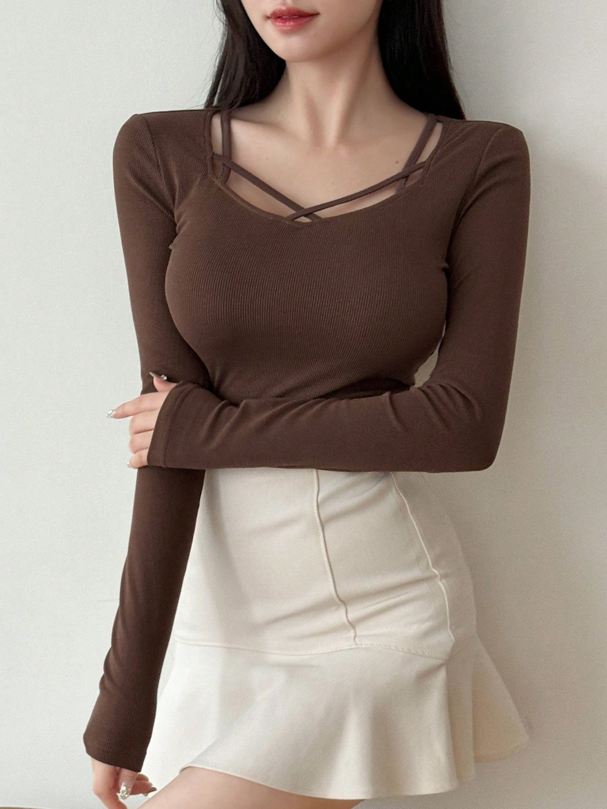 Shein DAZY Women's Hollow Out Design Ribbed T-Shirt