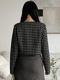 Shein DAZY Women's Plaid Round Neck Short Cardigan Long Sleeve Button Stylish Casual Jacket