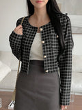 Shein DAZY Women's Plaid Round Neck Short Cardigan Long Sleeve Button Stylish Casual Jacket