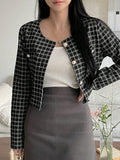 Shein DAZY Women's Plaid Round Neck Short Cardigan Long Sleeve Button Stylish Casual Jacket