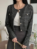 Shein DAZY Women's Plaid Round Neck Short Cardigan Long Sleeve Button Stylish Casual Jacket