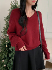 Shein DAZY Women's Plain V-Neck Elegant Commuter Long Sleeve Pullover Sweater