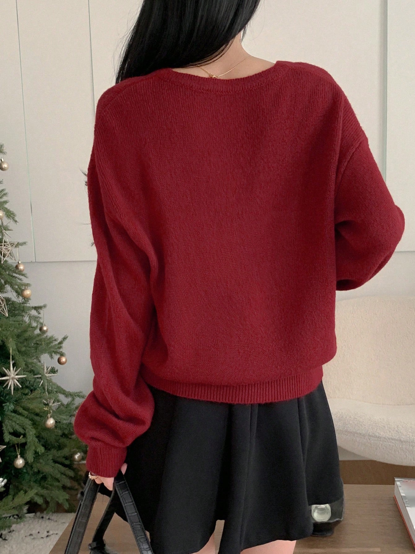 Shein DAZY Women's Plain V-Neck Elegant Commuter Long Sleeve Pullover Sweater