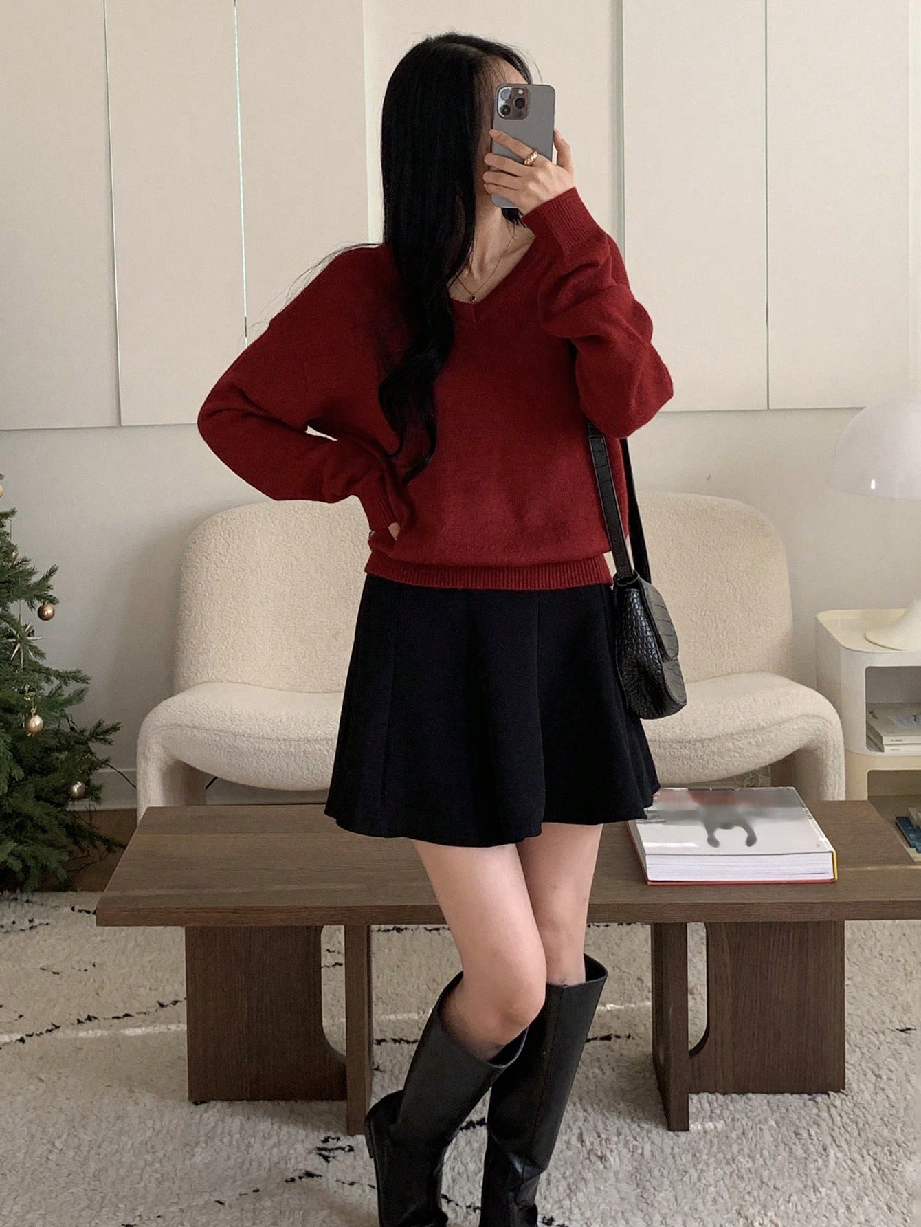 Shein DAZY Women's Plain V-Neck Elegant Commuter Long Sleeve Pullover Sweater
