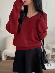Shein DAZY Women's Plain V-Neck Elegant Commuter Long Sleeve Pullover Sweater