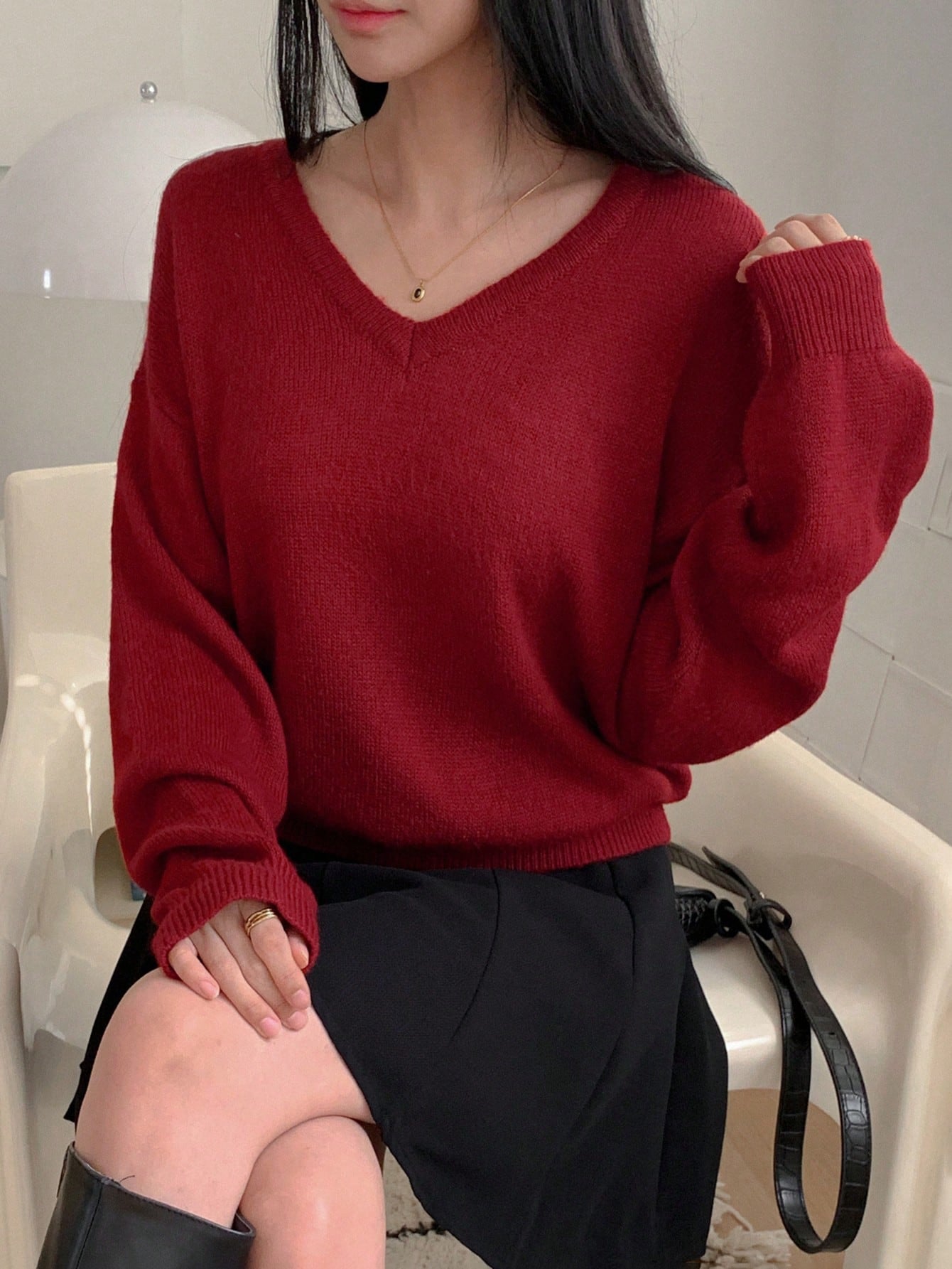 Shein DAZY Women's Plain V-Neck Elegant Commuter Long Sleeve Pullover Sweater