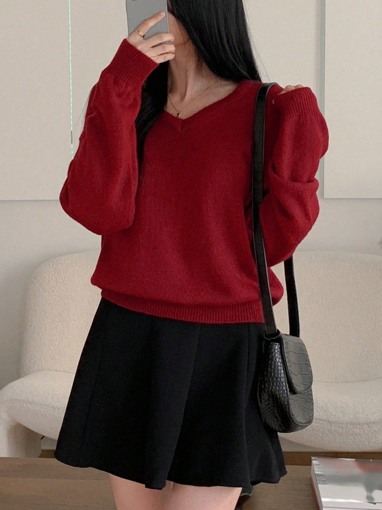 Shein DAZY Women's Plain V-Neck Elegant Commuter Long Sleeve Pullover Sweater