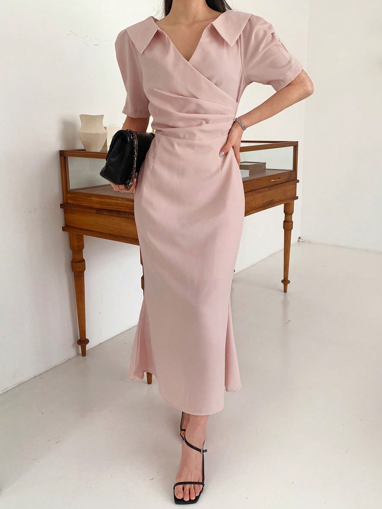 Shein DAZY Women's Polo Collar Short Sleeve Waist Fit Mermaid Midi Dress Shirt Dress