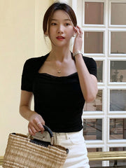 Shein DAZY Women's Solid Color Mesh Patchwork Slim Fit Short Sleeve T-Shirt