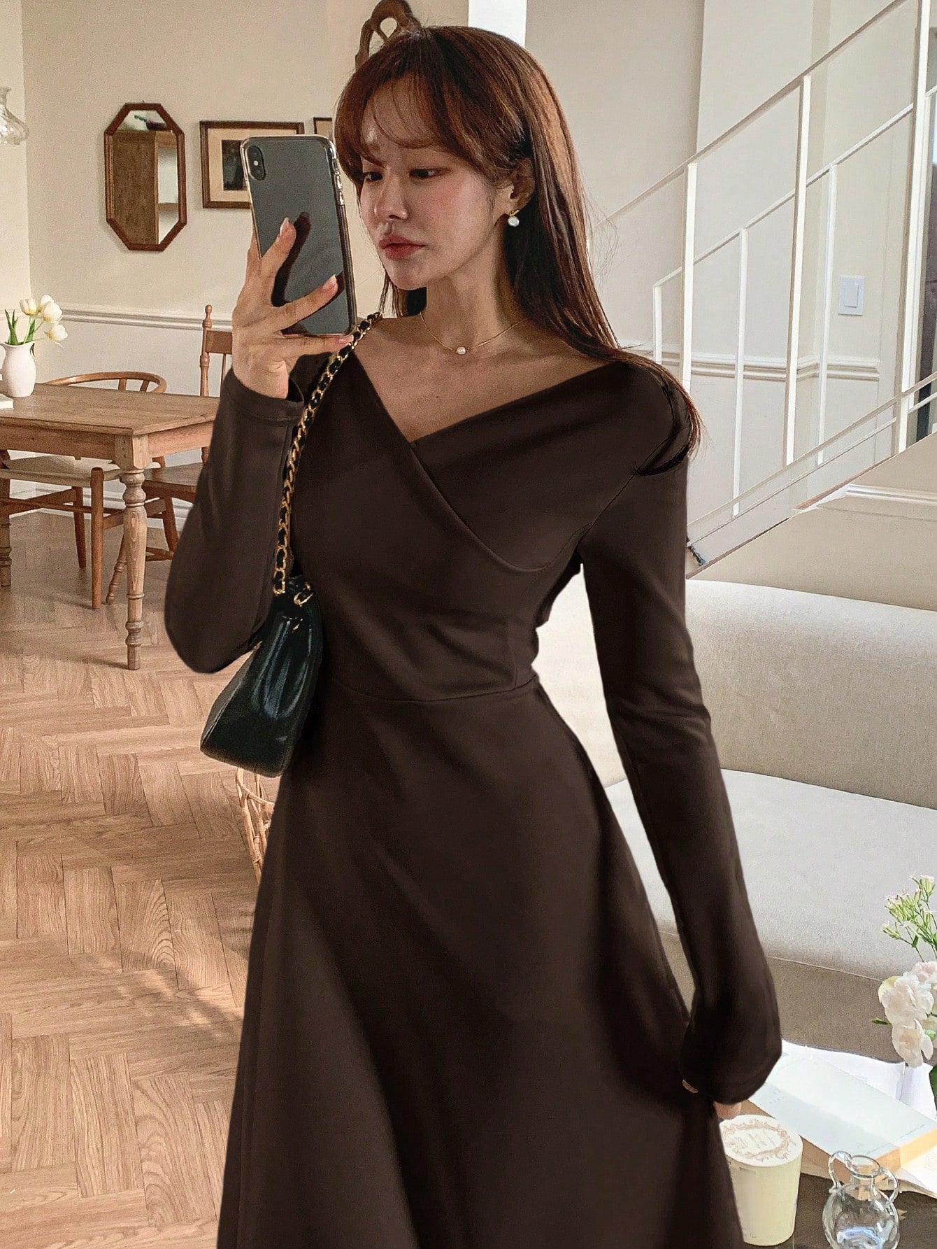 Overlap V-Neck Long Sleeve Midi Dress