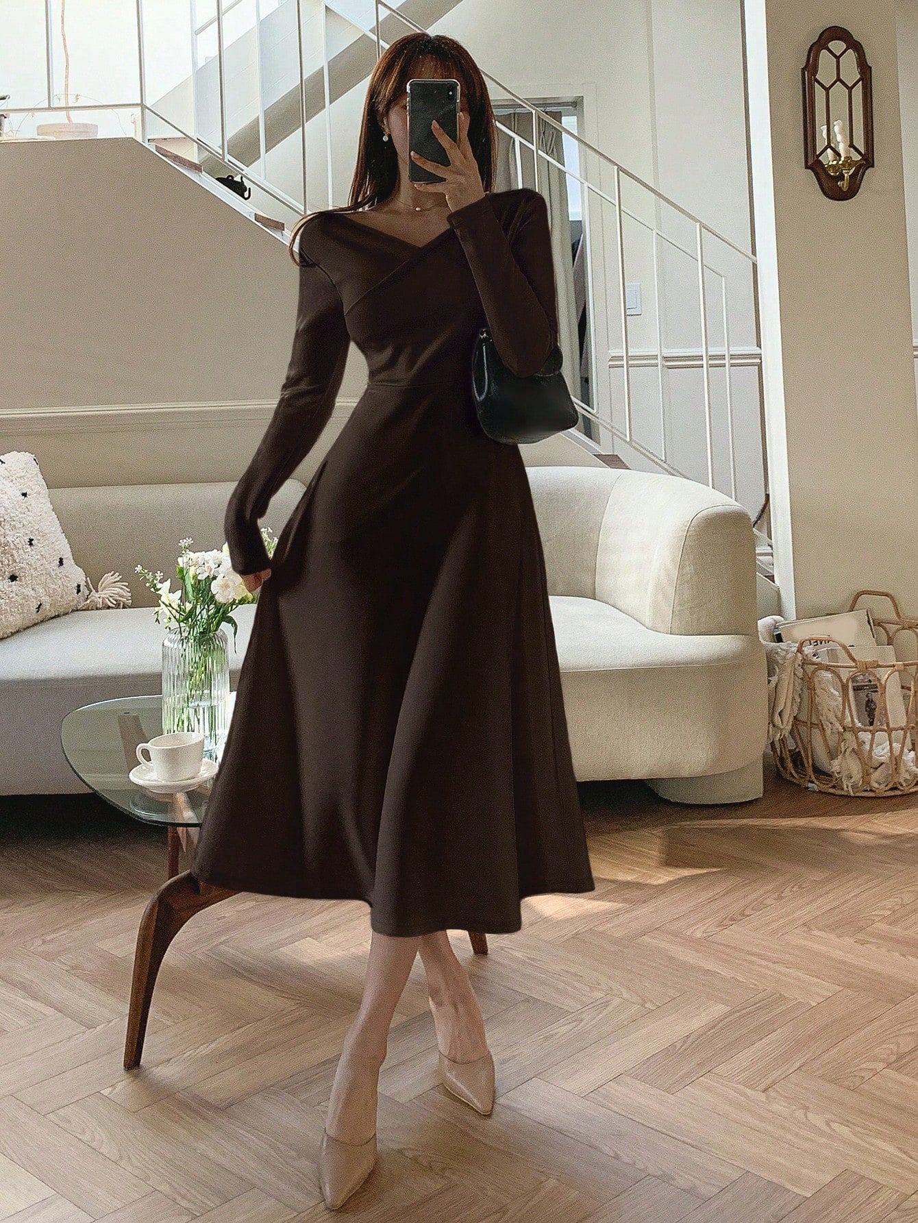 Overlap V-Neck Long Sleeve Midi Dress