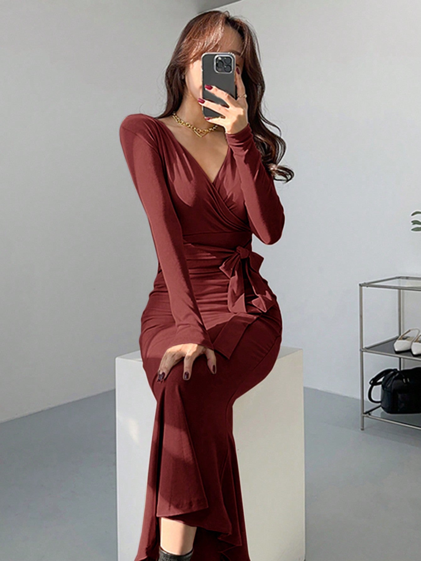 Shein DAZY Women's Solid Color Self-Tie Wrap Midi Dress