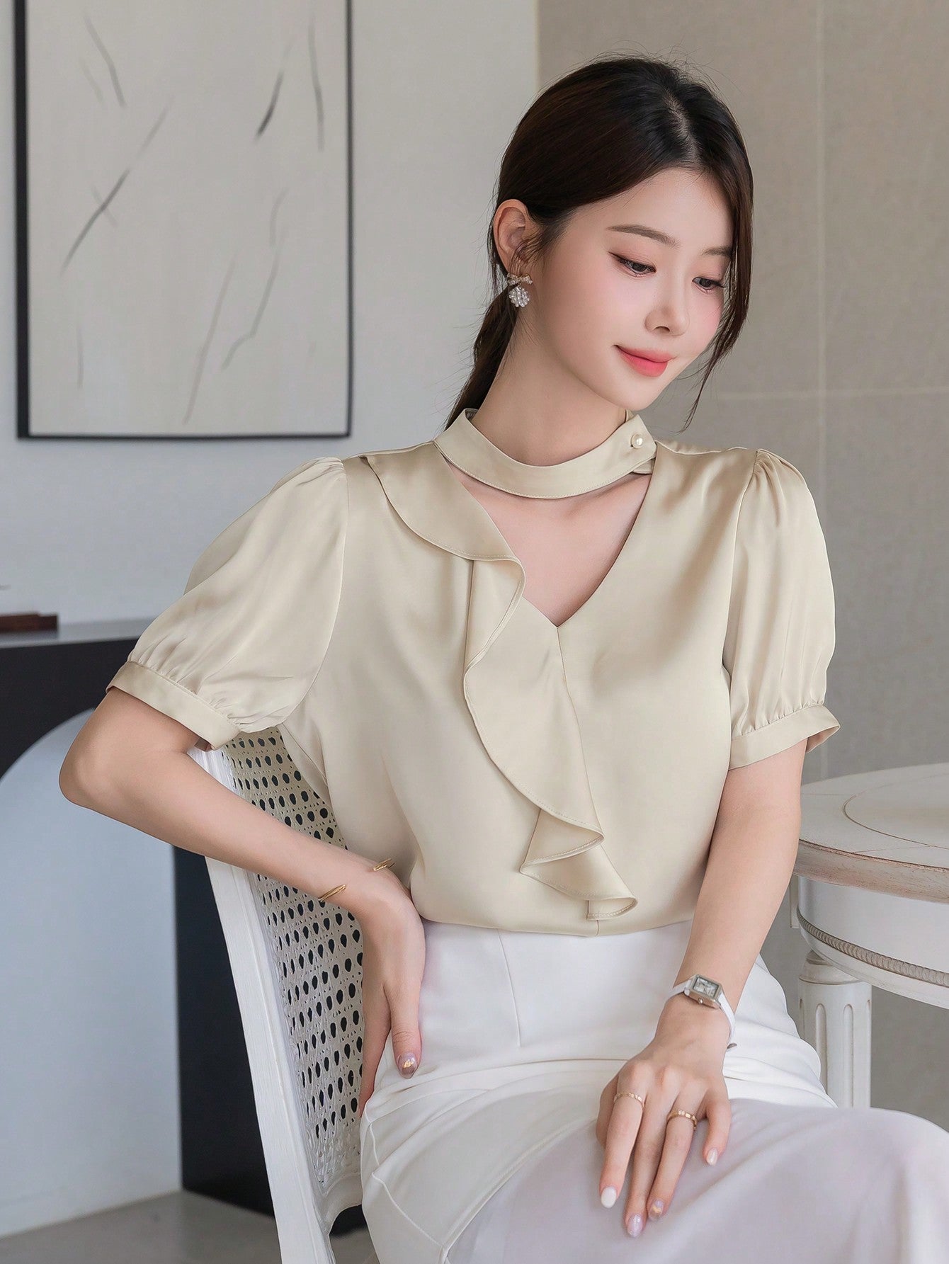 Shein DAZY Women's Solid Color Simple Everyday Short Sleeve Shirt,Ruffle