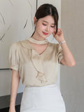 Shein DAZY Women's Solid Color Simple Everyday Short Sleeve Shirt,Ruffle