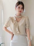 Shein DAZY Women's Solid Color Simple Everyday Short Sleeve Shirt,Ruffle