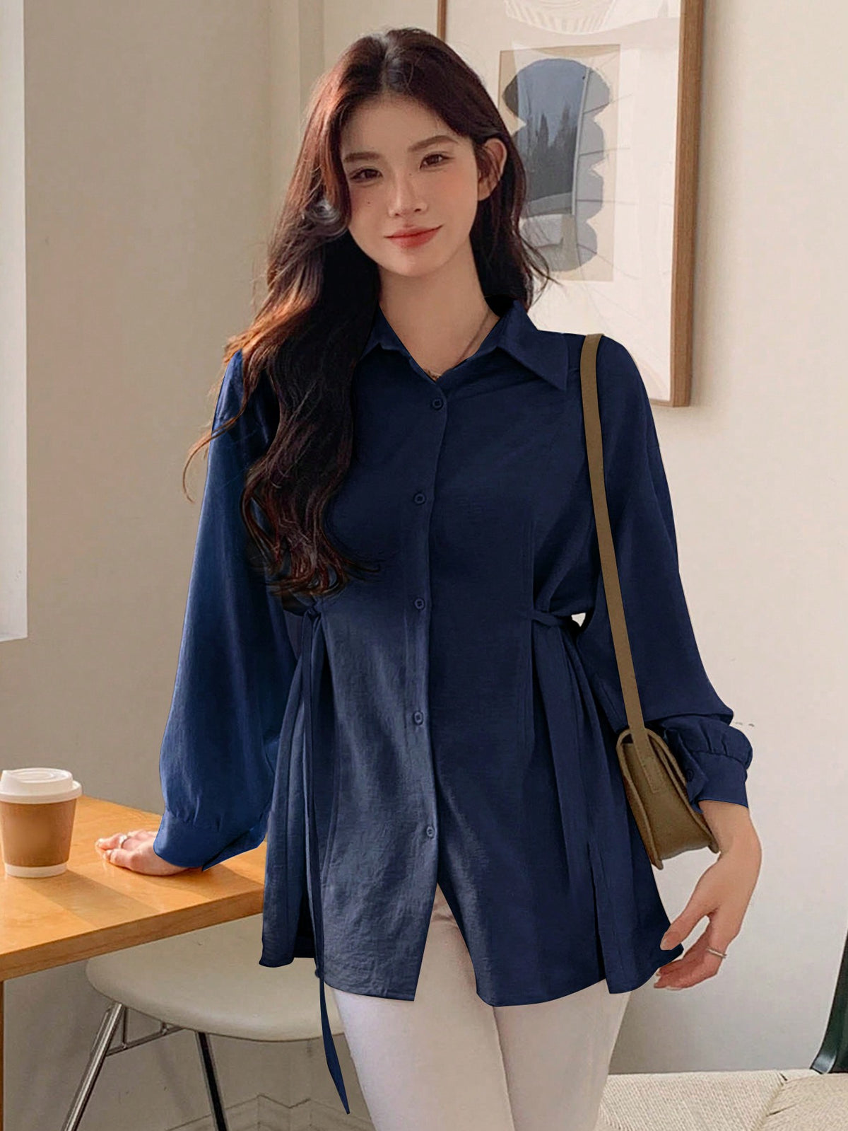 Shein DAZY Women's Summer Solid Color Lantern Sleeve Casual Loose Shirt With Waist Tie