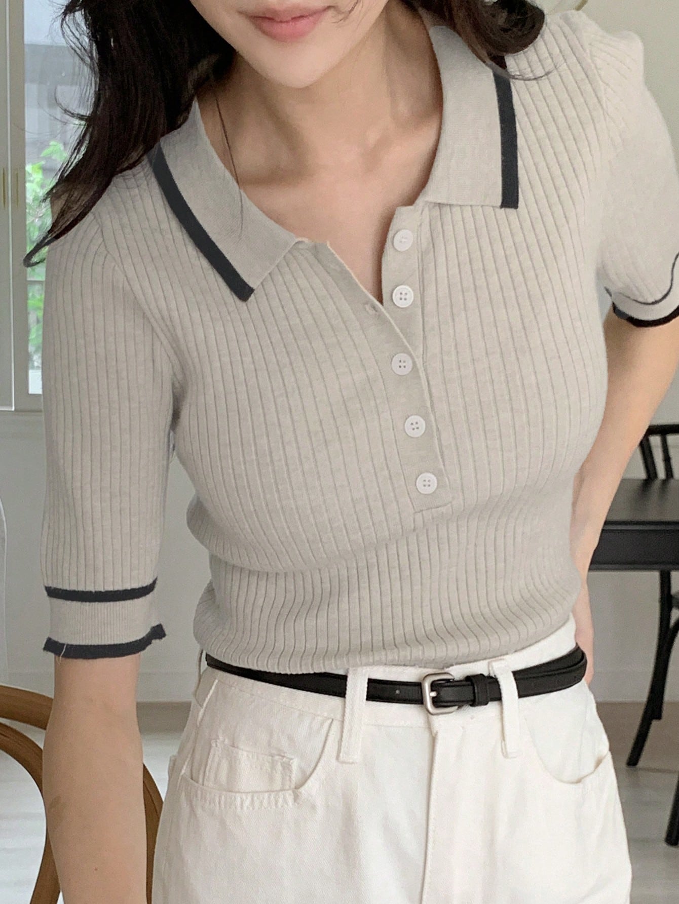 Shein DAZY Women's Casual Colorblock Stripe Polo Knit Top