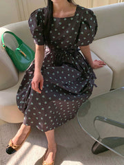 Shein DAZY Women's Square Neck Puff Sleeve Ditsy Floral Waist-Cinched Dress