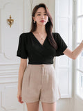 Shein DAZY Women's Summer Solid Color Wrap V-Neck Ruffle Short Sleeve T-Shirt
