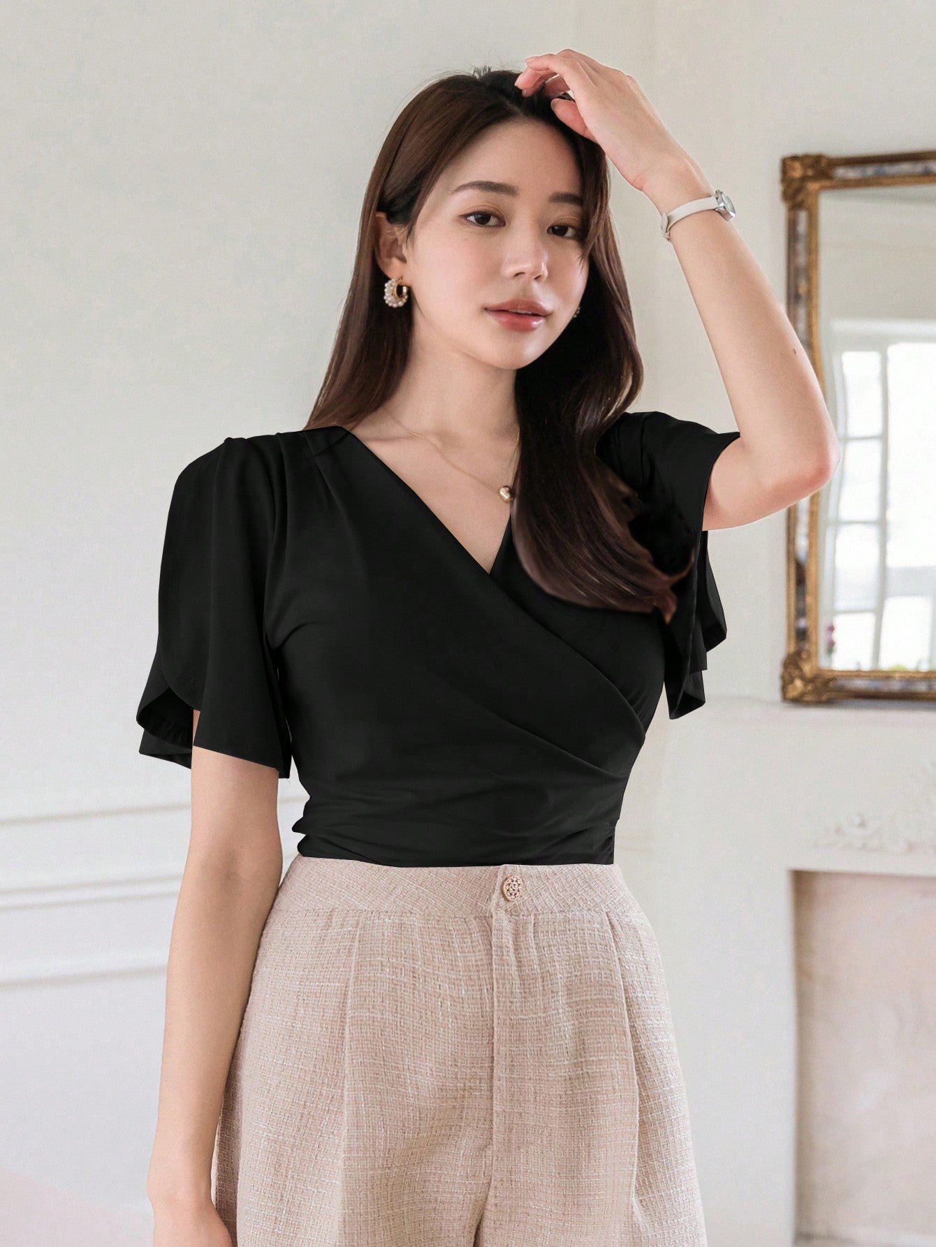 Shein DAZY Women's Summer Solid Color Wrap V-Neck Ruffle Short Sleeve T-Shirt