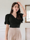 Shein DAZY Women's Summer Solid Color Wrap V-Neck Ruffle Short Sleeve T-Shirt