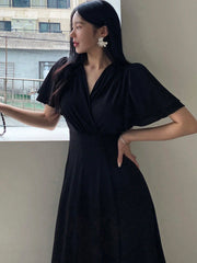 Shein DAZY Women's V-Neck Cinched Waist Short Sleeve Chiffon Midi Dress