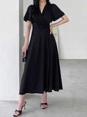Shein DAZY Women's V-Neck Cinched Waist Short Sleeve Chiffon Midi Dress