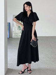 Shein DAZY Women's V-Neck Cinched Waist Short Sleeve Chiffon Midi Dress