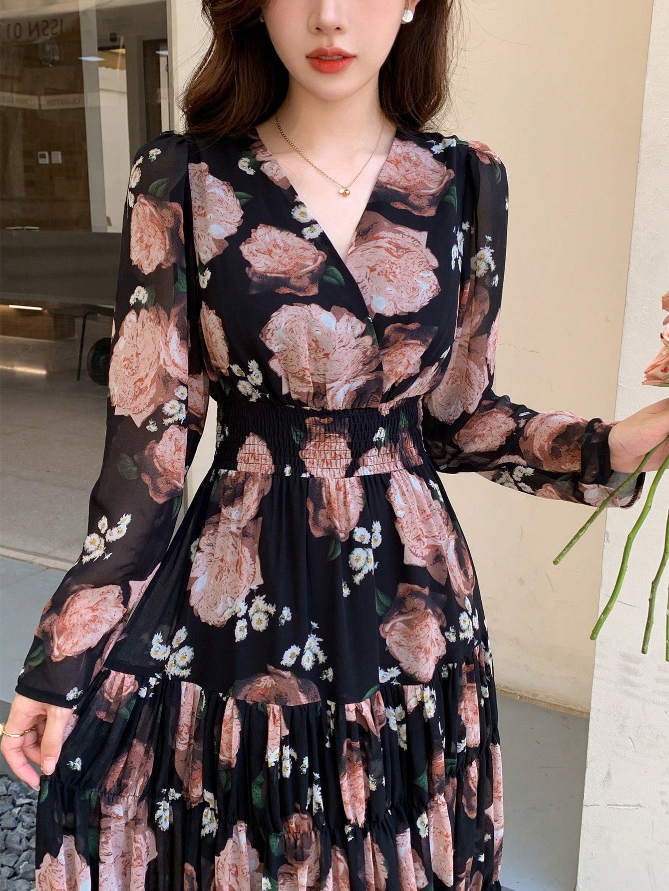 Shein DAZY Women's V-Neck Full Floral Print Chiffon Dress