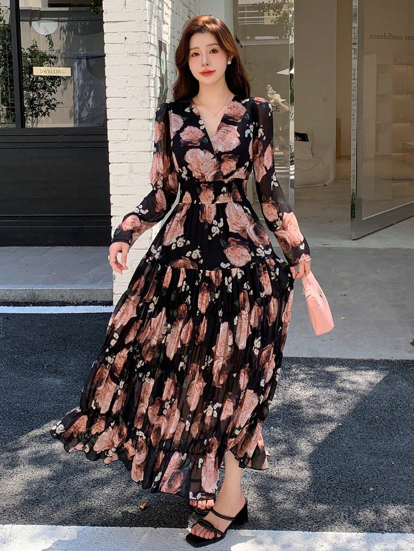 Shein DAZY Women's V-Neck Full Floral Print Chiffon Dress
