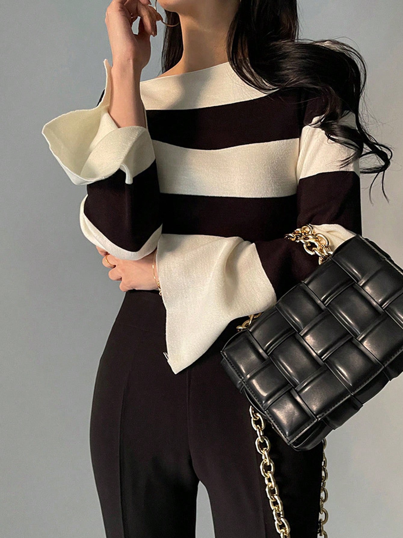 Shein DAZY Women's Wide Striped Neck Flare Sleeve Fitted Sweater