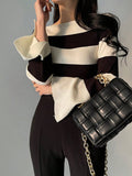 Shein DAZY Women's Wide Striped Neck Flare Sleeve Fitted Sweater