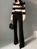 Shein DAZY Women's Wide Striped Neck Flare Sleeve Fitted Sweater