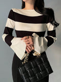 Shein DAZY Women's Wide Striped Neck Flare Sleeve Fitted Sweater