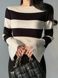 Shein DAZY Women's Wide Striped Neck Flare Sleeve Fitted Sweater