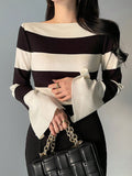 Shein DAZY Women's Wide Striped Neck Flare Sleeve Fitted Sweater