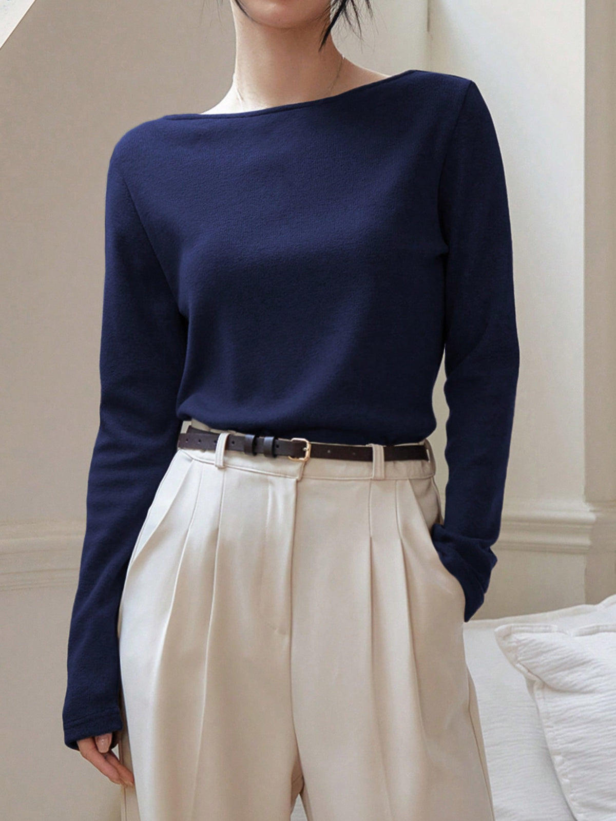 -Less Solid Color Boat Neck Long Sleeve T-Shirt