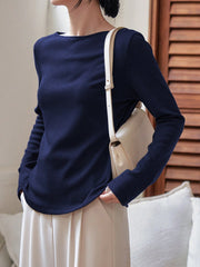 -Less Solid Color Boat Neck Long Sleeve T-Shirt