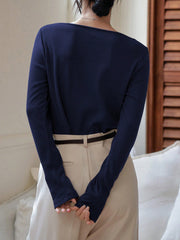 -Less Solid Color Boat Neck Long Sleeve T-Shirt