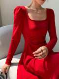 SHEIN EastFlair Korean Fashion Women's Red Holiday Party Ruched Waist Elegant Long Sleeve Long Dress