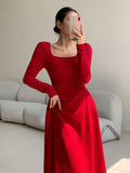 SHEIN EastFlair Korean Fashion Women's Red Holiday Party Ruched Waist Elegant Long Sleeve Long Dress