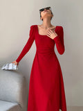 SHEIN EastFlair Korean Fashion Women's Red Holiday Party Ruched Waist Elegant Long Sleeve Long Dress