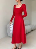 SHEIN EastFlair Korean Fashion Women's Red Holiday Party Ruched Waist Elegant Long Sleeve Long Dress