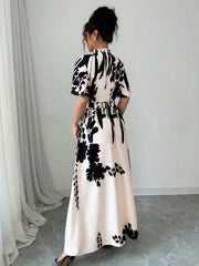 Shein Elenzga Women Apricot Printed Cap Sleeve Ruffle Trim Tie-Waist Vacation Style Round Neck Casual Dress