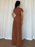 Shein Elenzga Women's Bohemian Elegant Wrap-Style Batwing Sleeve Top & Wide Leg Loose Pants 2 Pieces Set Chiffon Suit