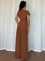 Shein Elenzga Women's Bohemian Elegant Wrap-Style Batwing Sleeve Top & Wide Leg Loose Pants 2 Pieces Set Chiffon Suit