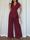 Shein Elenzga Women's Summer Vacation Date Elegant Wrap Batwing Short Sleeve Blouse & Wide Leg Palazzo Pants 2 Pieces Set
