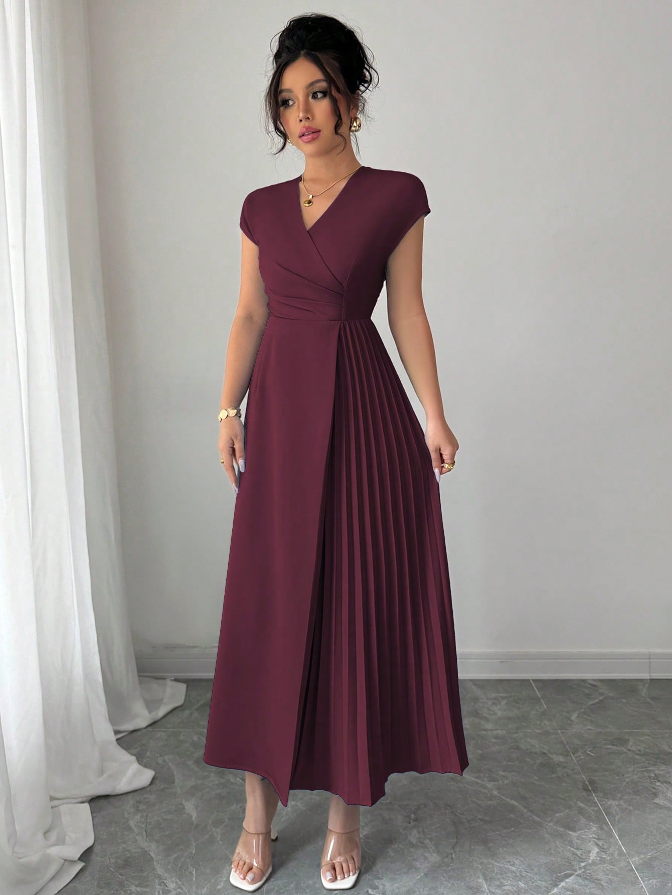 Shein Elenzga Women's Elegant Minimalist Solid Color Crossed V-Neck Dress